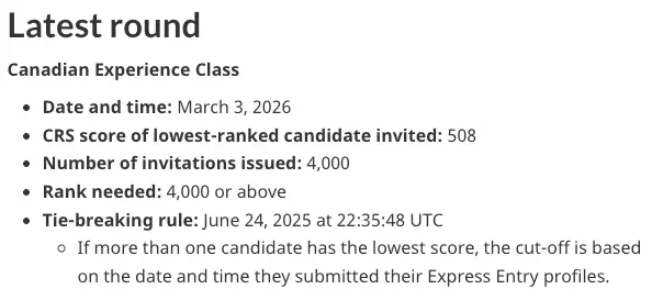 Latest Express Entry Round for an Invitation to Apply for Permanent Residence under the Canadian Experience Class